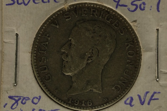 1916 SWEDEN SILVER 1 KRONA .1929 OZ. ASW