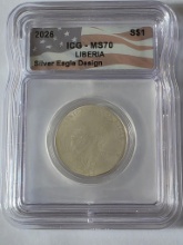 Auction photo of 2026 · 2026 LIBERIA SILVER EAGLE DESIGN ICG MS70