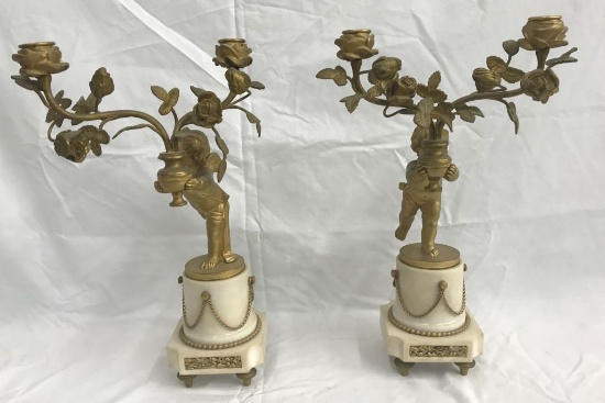 Pair of Marble and Gilt Bronze Candelabra.