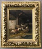 Oil on Canvas Painting, Sheep in a Barn