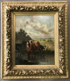 Oil on Canvas Painting, Cows in Pasture