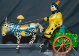 Tin Litho Windup Clown on Cart with Donkey/Mule