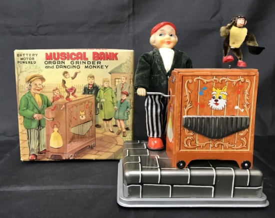 Tin Musical Organ Grinder & Monkey Bank.