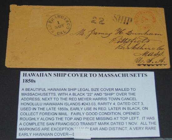 Hawaii 1850's Stampless Ship Cover.