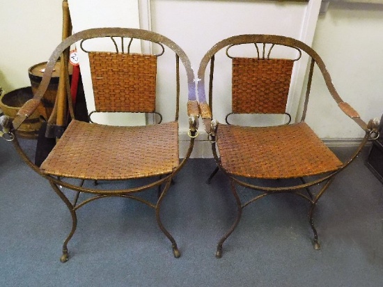 (2) Metal Frame Chairs w/ Horse Heads, Leather Web Bottom and Back (26" Wid