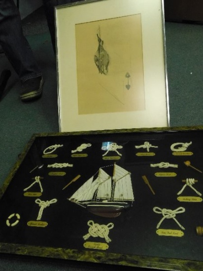 Shadow Box of Seamans Knot Display and Framed Waterfowl Duck Drawing