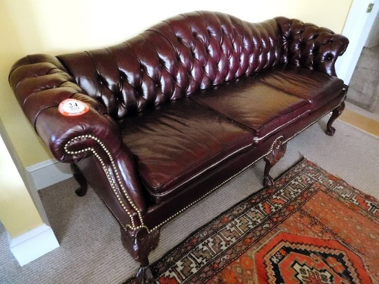 Top Grain Leather Camel-Back Sofa, Wooden Ball Claw Foot