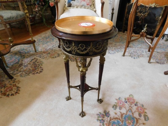 French Style Fruitwood & Brass Decorative Side Table w/ Decorative Brass Sc
