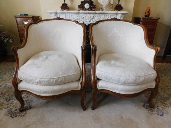 (2) Curved Back, Wooden Framed, Damask Upholstered Arm Chairs