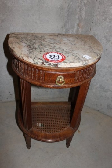 Fruitwood and Marble Top Half Oval Side Table, Single Drawer
