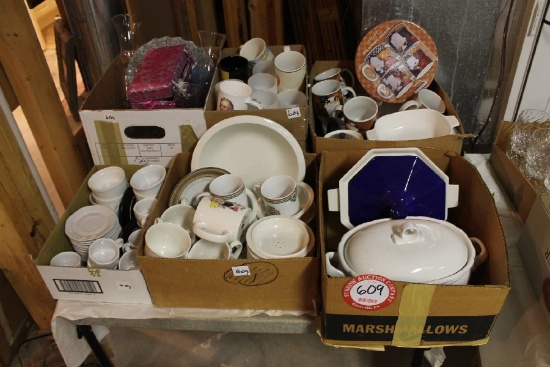 Contents (6) Boxes, Various Coffee Cups, Saucers, Cookware, Serving Bowls,