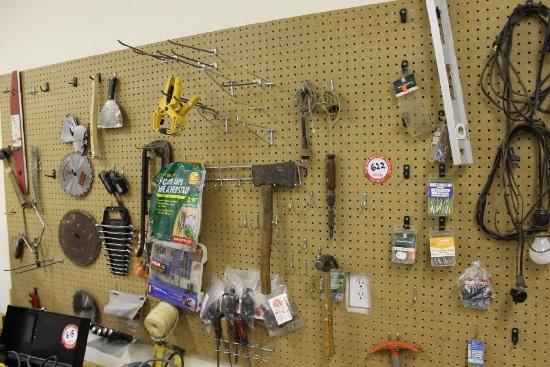 Various Hand Tools, (hanging on wall), Hatchets, Wrenches, Hammers, Screwdr