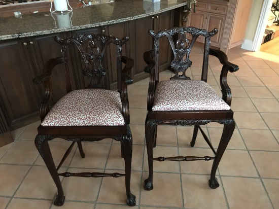 2 Chippendale Style Mahogany Upholstered Bar Stools