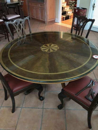 Mahogany Round Dining Table and (4) Mahogany and Leather Chairs