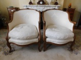 (2) Curved Back, Wooden Framed, Damask Upholstered Arm Chairs