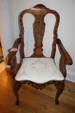 Wooden Frame Hand Painted Side Armchair, Damask Upholstered Seat