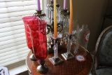 Brass and Crystal Candelabra (3 candle), (2) Silver-plate candle holder, (2