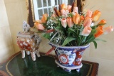 Oriental style Planter, W/artificial flowers, jar