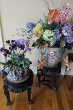 (2) Wooden Marble Inlay Plant Stands, (2) Oriental Vases, Artificial Flower