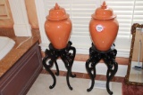 (2) Large Porcelain ginger Jars, W/wooden stands