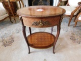 Decorative Brass & Fruitwood Oval Side Table, Single Drawer