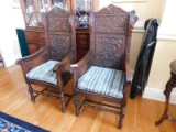 Pair of Edwardian Style, Ornately Carved Cushion Bottom Arm Chairs