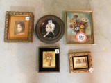 (4) Small Paintings on Board, Framed Porcelain  Hand Painted Plate