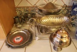 Various Pewter and Silver-plate Lidded Bowls, Serving Trays, Creamer, Salt