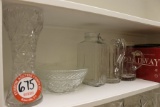 Contents Shelf, Punch Bowl Set, (3) Pitchers, Pressed Glass Bowls, Crystal