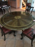 Mahogany Round Dining Table and (4) Mahogany and Leather Chairs