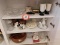 Contents of Cabinet, Pressed Glass Serving Trays, Wooden Salad Bowl, Cups,