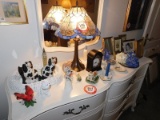 Contents of Table Top, Decorative Leaded Glass Table Lamp, Figurines, Pictu