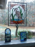 Leaded Glass Panel and Swan and (2) Decorative Stain Glass Pieces