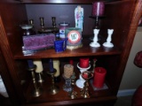 Contents of (2) Shelves, Various Candle Holders, Candles, Etc.