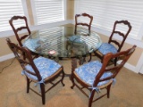 Wrought Iron and Wood Framed Glass Topped Round Dining Table, 52