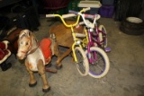 (2) Children's Bikes and Metal Toy Horse Made In England on Wheels, and Woo