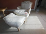 Upholstered Wooden Framed Arm Chair and Matching Ottoman