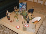 Contents of Table Top, Decorative Oriental Figurines, Vases, Silk Fans, Etc