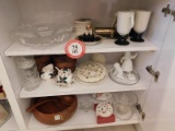 Contents of Cabinet, Pressed Glass Serving Trays, Wooden Salad Bowl, Cups,
