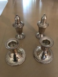 (2) Sterling Silver Candle Holders and (2) Sterling Silver Salt & Pepper