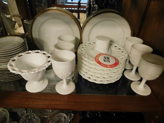 (6) Milk Glass Dessert Plates, (6) Milk Glass Stemware Glasses, Milk Glass