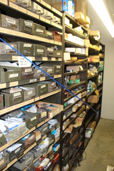 Contents of (4) Sections Shelving, Various Auto Parts, Push Pins, Battery T