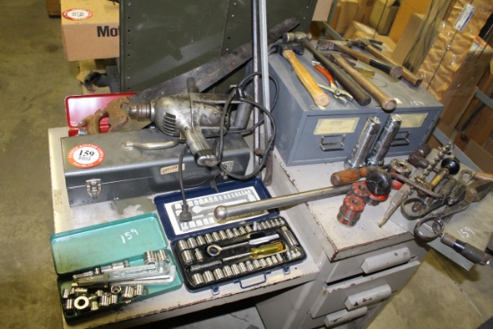 Metal Single Posted Desk & Contents, Various Tools, Hammers, Sockets, Etc