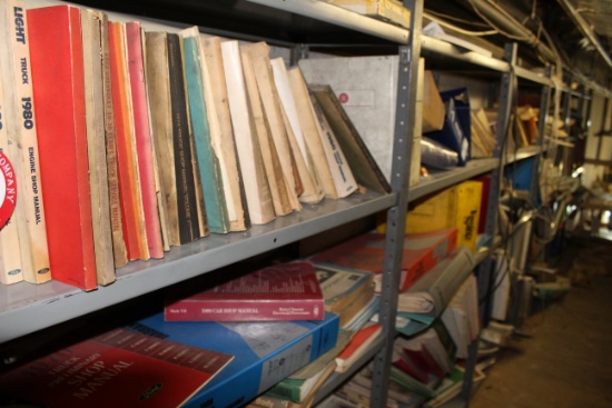 Contents of (6) Sections of Shelving, Shop Manuals, Parts Manuals For Older