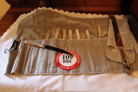 (8) Sheffield Cracked Ice Handle Steak Knives and (1) Silver Plate Carving