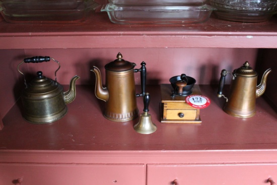 Vintage Coffee Grinder, (3) Brass Coffee Pots, A Bell and a Decorative Cent