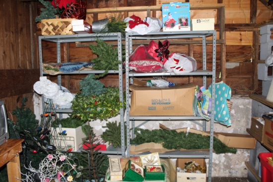 Remaining Contents of Shelves: Christmas Trees, Wreaths, (2) TV's, Various