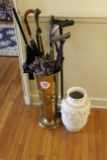 Brass Umbrella Stand w/ Umbrellas, Walking Canes and a Porcelain Urn