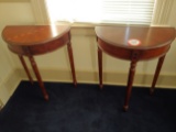 (2) 1/2 Round Mirrored Veneer Walnut Inlay Decorative Hall Tables