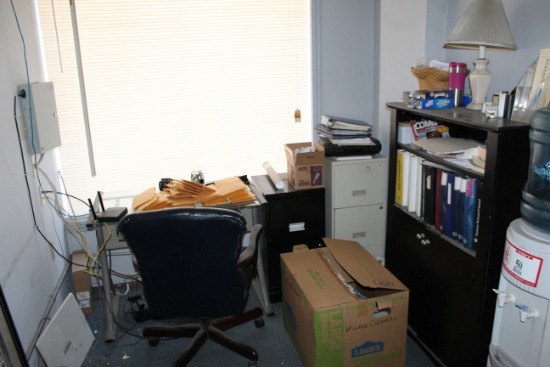 Remaining Contents of Office, Metal Framed Glass Topped Desk, 3-Drawer Meta